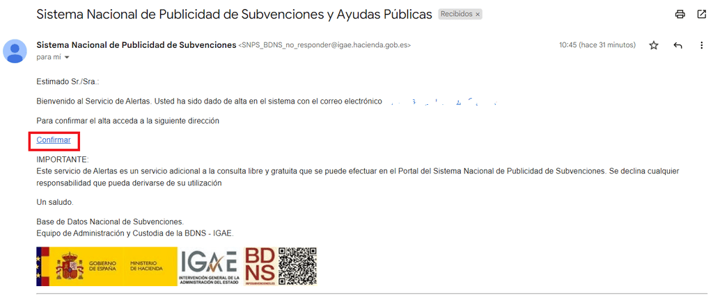 confirmar sistema alertas convocatorias a la música correo electrónico
